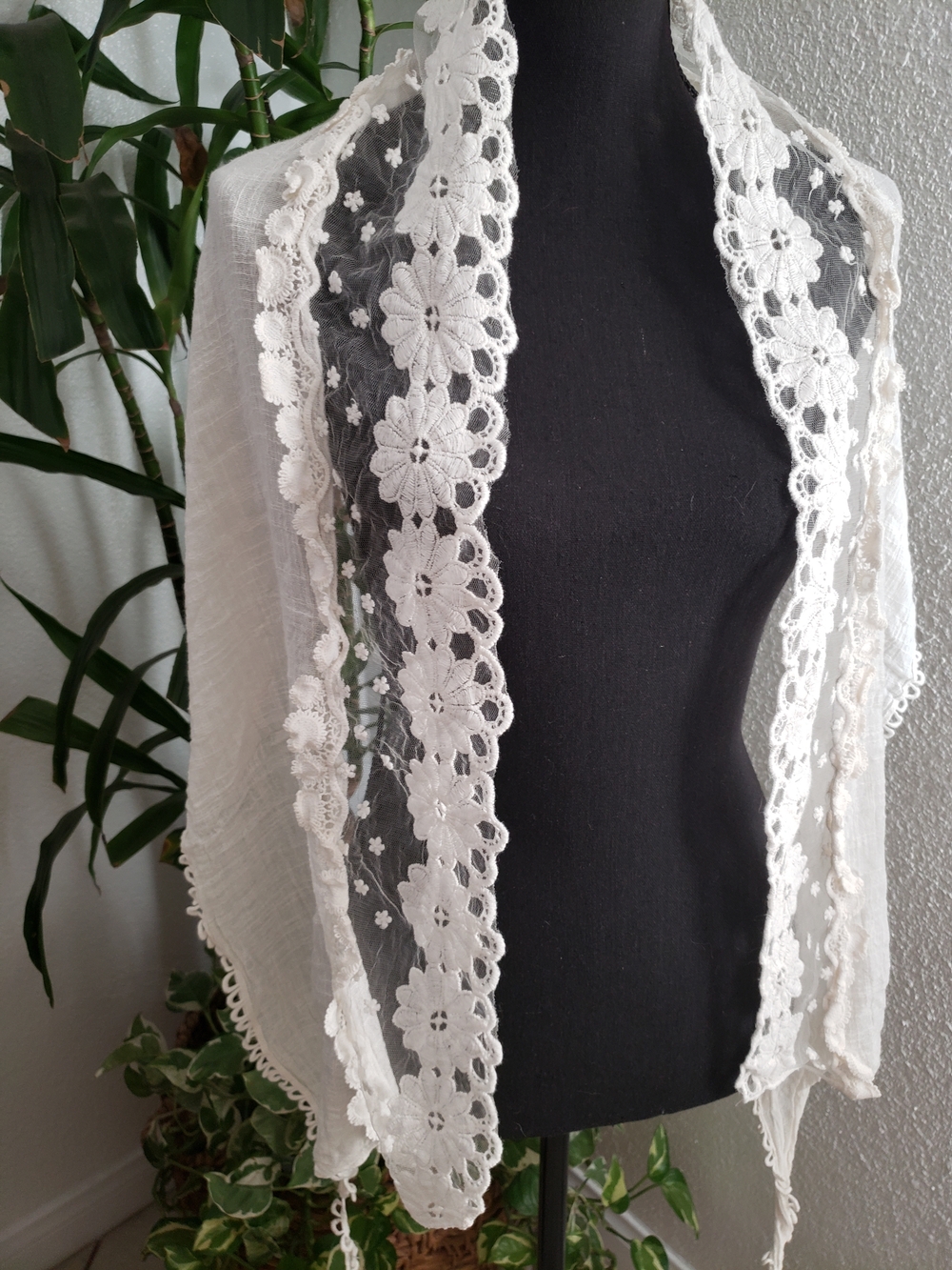 Delicate Ivory Lace Trim Shawl